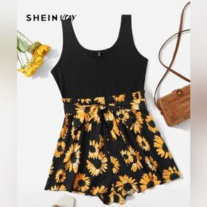 SHEIN VCAY Plus Sunflower Print Belted Romper Sz 2X
